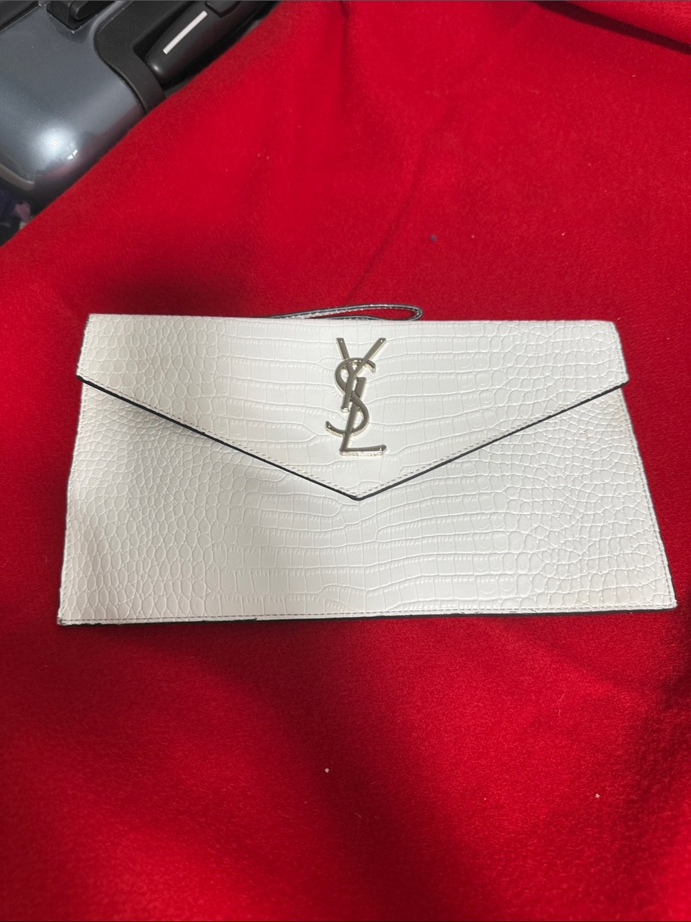 YSL  White Croc-Embossed Envelope Wristlet with Silver YSL Hardware